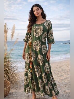 Neeru Kumar Green Shibori Maxi Dress Boho Coastal Resort Tassel Tie